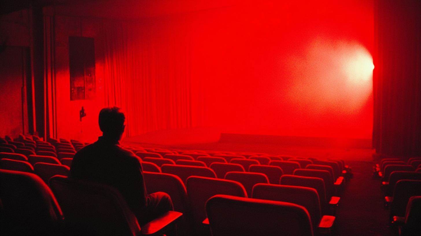 A person sitting alone in a red-lit cinema, surrounded by empty rows of seats, facing a bright screen