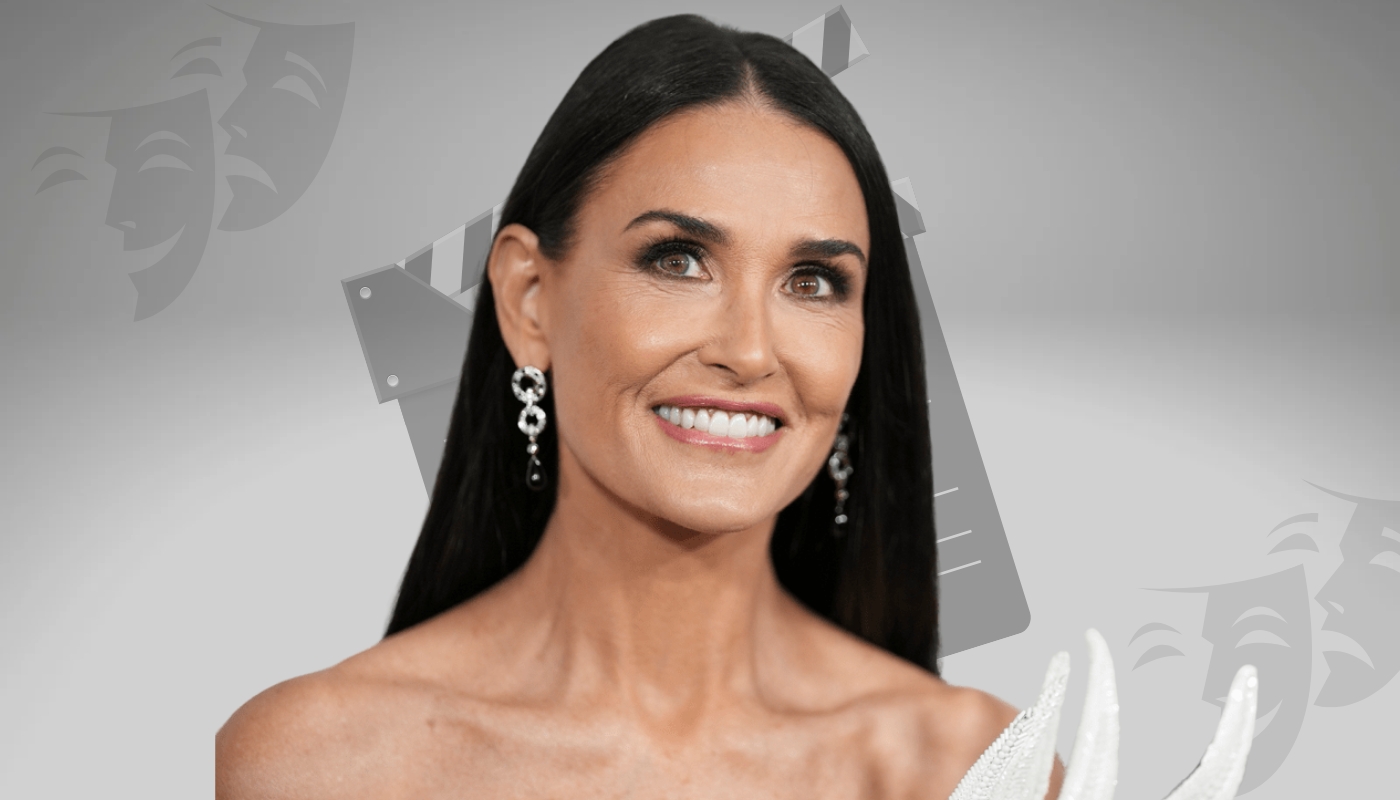 Close-up of a smiling Hollywood actress wearing elegant earrings and a glamorous outfit