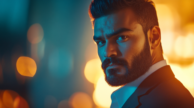 A Well-Dressed Man with A Strong Expression Gazes Directly at The Camera in A Dimly Lit Setting