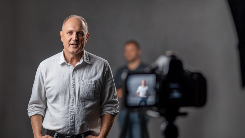 A Man Stands in Front of A Camera During an Audition, Showcasing a Confident Expression