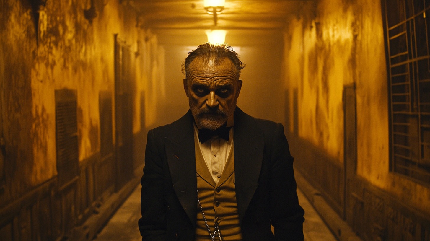 A mysterious man in formal attire stands in a dimly lit corridor with a serious expression, evoking a sense of suspense