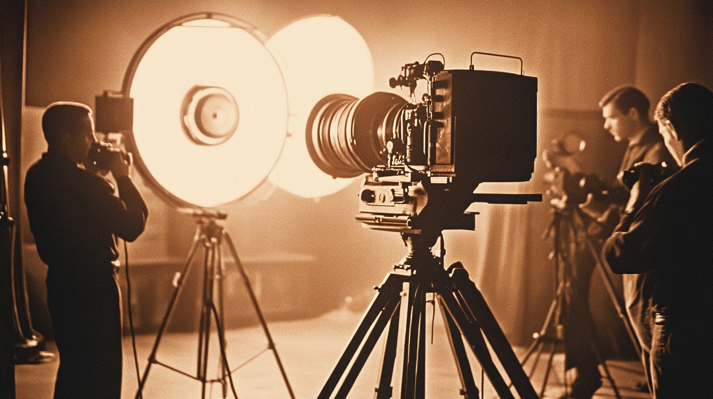 Sepia-toned image of a film set with large studio lights, vintage cameras, and crew members at work