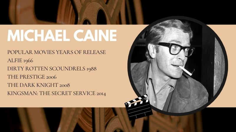 The Image Displays Michael Caine with A List of Her Popular Movies and Their Release Years