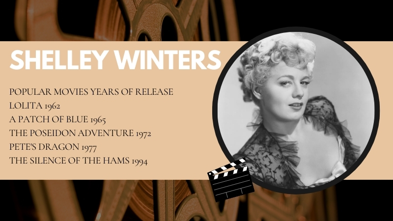 The Image Displays Shelley Winters with A List of Her Popular Movies and Their Release Years