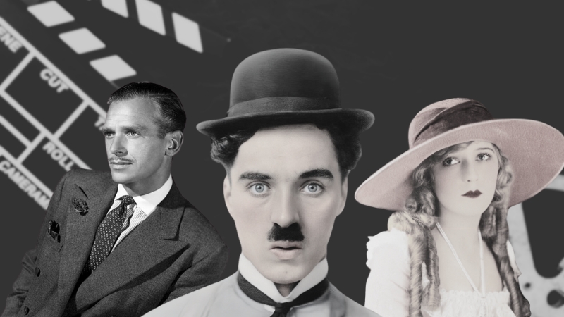 A Black and White Photo of Film Stars, Including Charlie Chaplin, Mary Pickford and Douglas Fairbanks