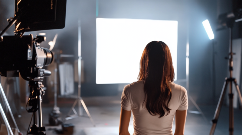 A Woman Stands Facing a Bright Light on A Film Set, Preparing for A Shoot