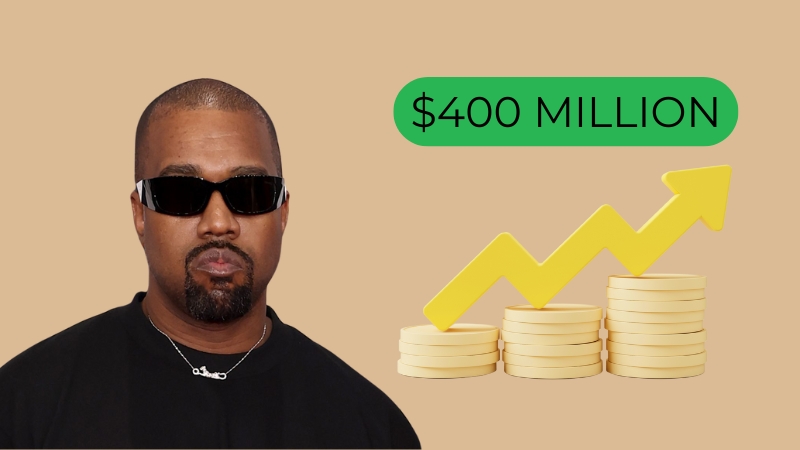 Kanye West is shown with an image illustrating his net worth of $400 million