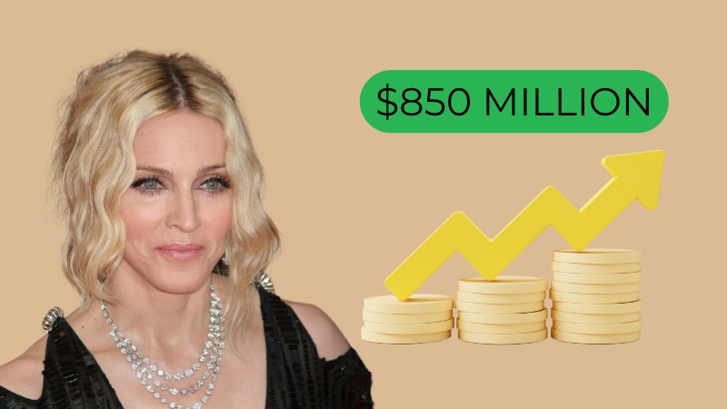 Madonna is shown with an image illustrating her net worth of $850 million