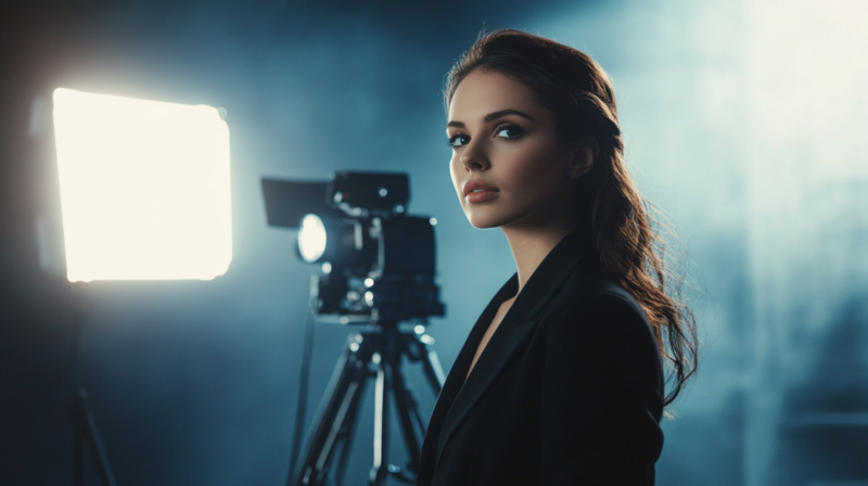 A Woman Stands in Front of A Camera and Lights