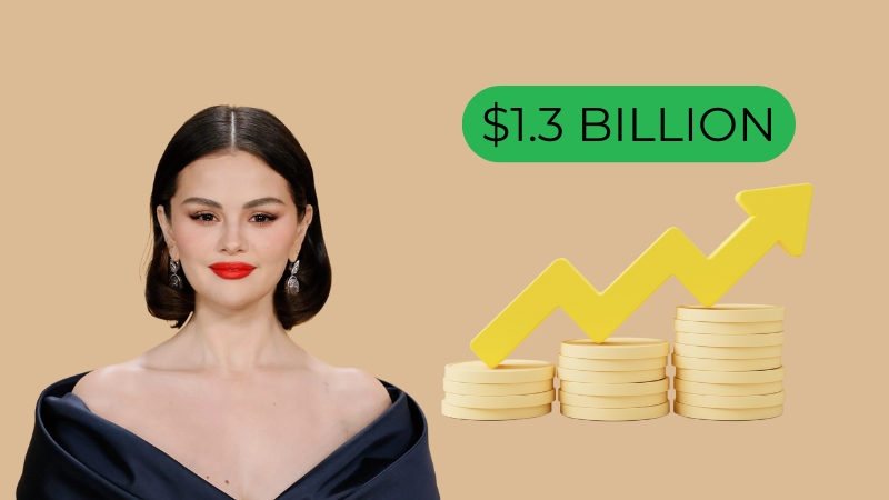 Selena Gomez is pictured alongside an image showing her net worth of $1.3 billion