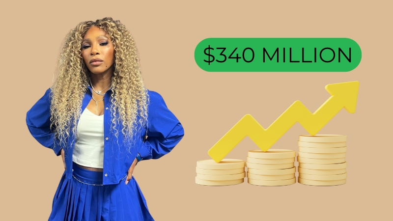 Serena Williams stands next to an image showing her increased net worth of $340 million