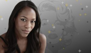 Nikki M. James smiling confidently in front of a grayscale, starry background featuring a classic Hollywood illustration