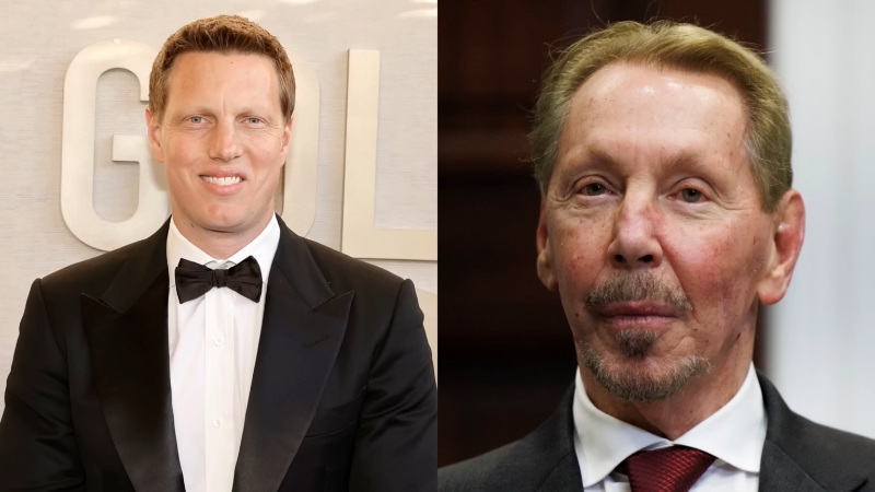 Two members of the Ellison family dressed in formal suits at separate events
