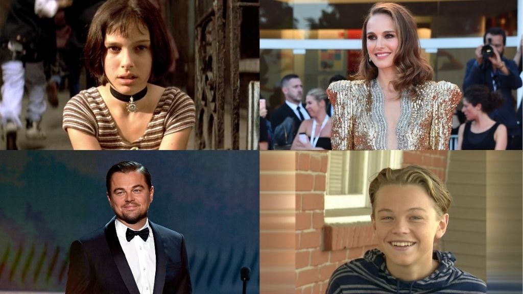 Collage showing famous child stars then and now, including Natalie Portman and Leonardo DiCaprio, highlighting their transformation from young actors to Hollywood icons