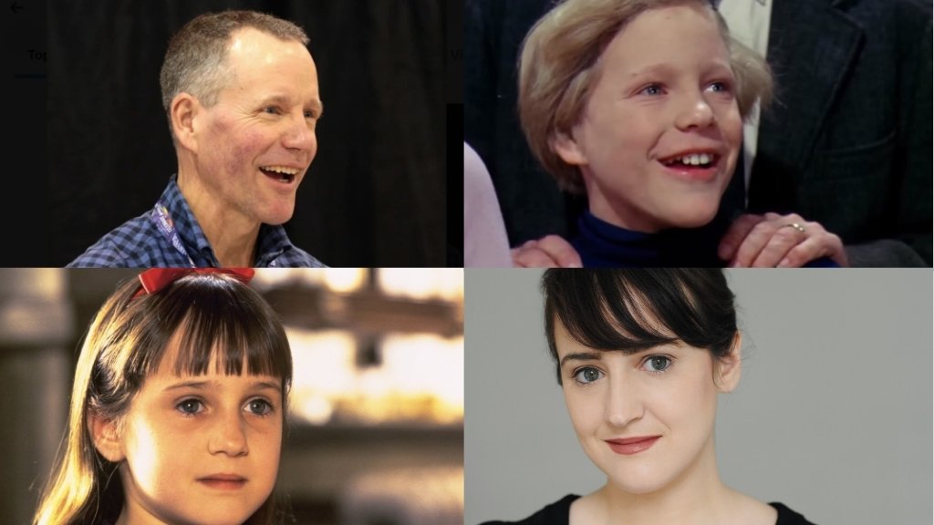 Side-by-side photos of former child stars Peter Ostrum and Mara Wilson, showing their transformation from iconic childhood roles to adulthood