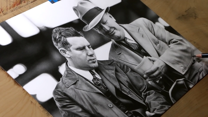 A black-and-white portrait drawing of two men in suits and hats engaged in conversation