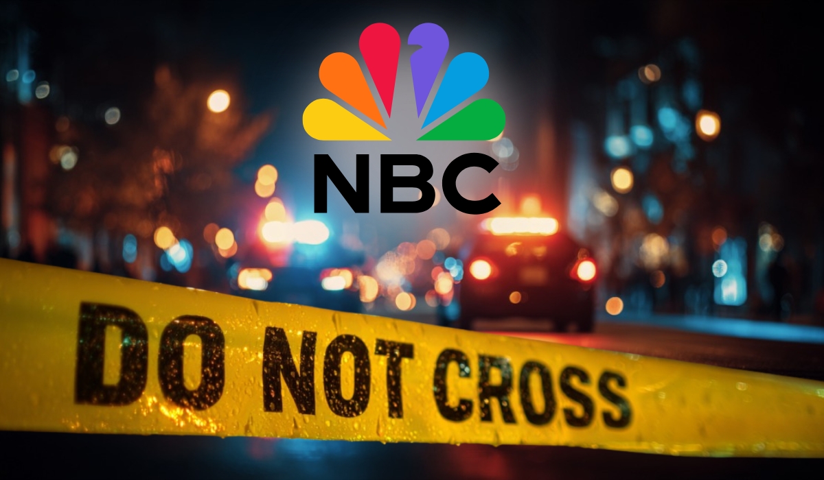 NBC logo above police tape at a crime scene with blurred patrol cars in the background