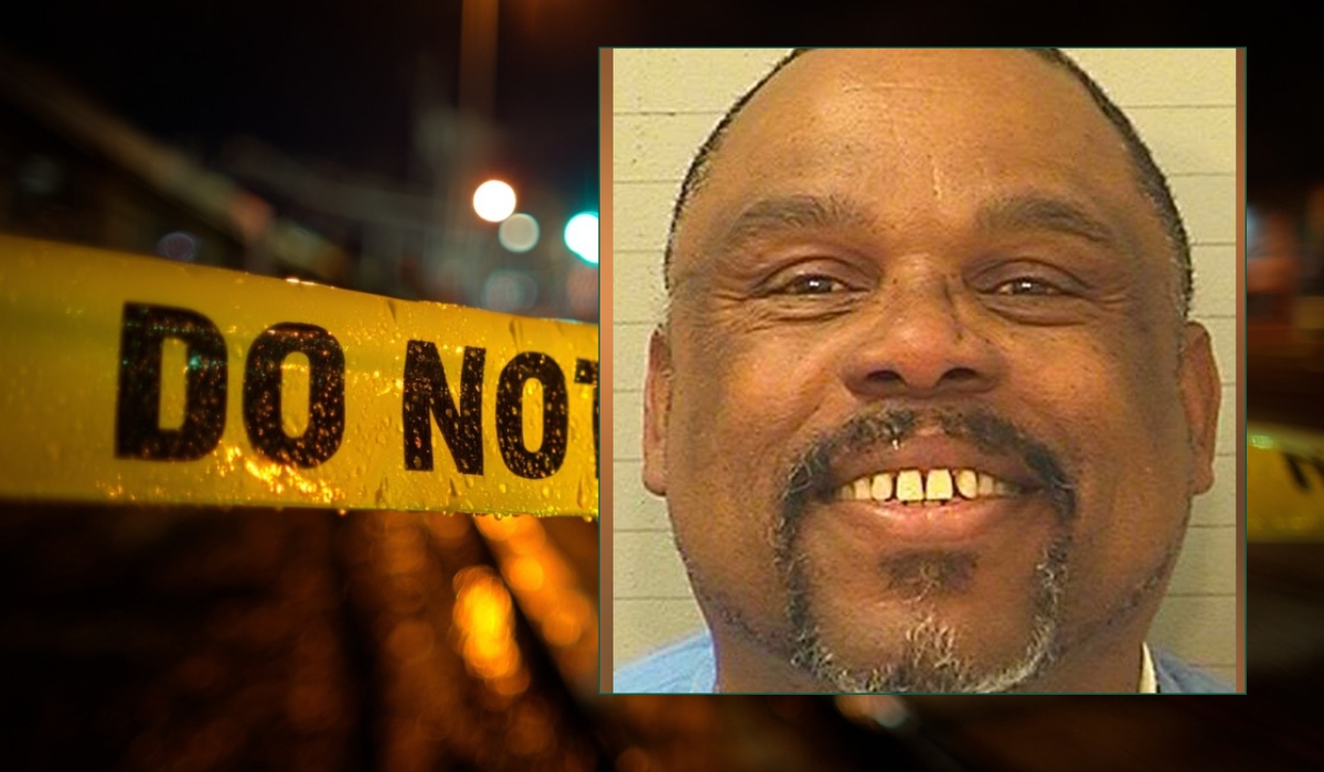 A smiling man’s mugshot overlaid on a blurred crime scene background with yellow police tape reading “DO NOT CROSS.”