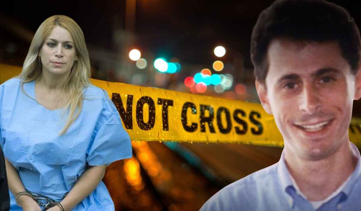 A woman in handcuffs and a man smiling in a faded photo are set against police crime scene tape marked “DO NOT CROSS.”