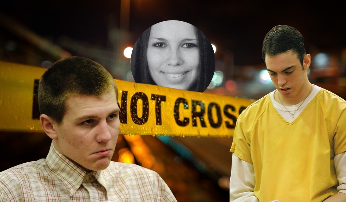 Two young men, one in a prison uniform, the other in a collared shirt, with a black-and-white photo of a smiling young woman above them. A blurred crime scene tape with “DO NOT CROSS” is in the background